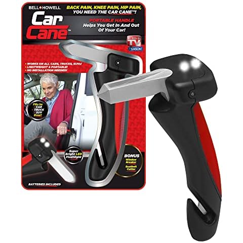 Emson Car Cane, All-in-One Car Cane Door Handle and Mobility Aid with Built in LED Flashlight, Window Breaker Seatbelt Cutter, Car Handle Assist for Elderly and Car Emergency Tool- Batteries Included Cover