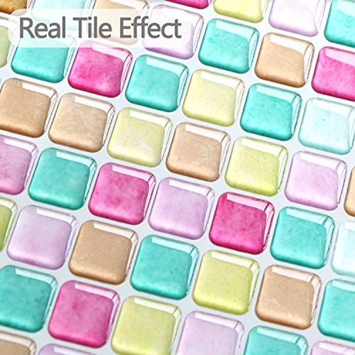 Yoillione 3D Effect Peel and Stick Wall Tiles for Kitchen and Bathroom, Waterproof Mosaic Tile Stickers, Vinyl Backsplash Tiles Self Adhesive Tiles, 4 Sheets-Colorful