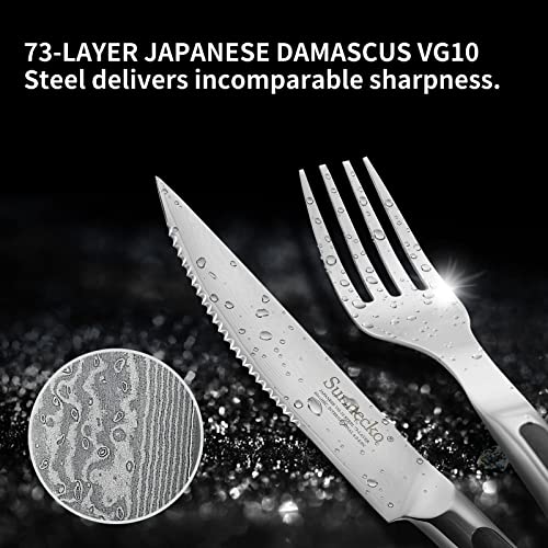 Foto von Sunnecko Steakmesser Set - 8er Damast Steakbesteck Set für 4 Personen mit Fiberglas Griff, Wellenschliff, Silber, Schwarz, Forged, nicht spülmaschinengeeignet