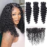 Odir Deep Wave Hair Bundles with 13x4 Frontal Brazilian Human Hair Deep Curly Hair 3 Bundles with Lace Frontal 12 14 16+10 Inch 9A Unprocessed Virgin Hair Natural Color