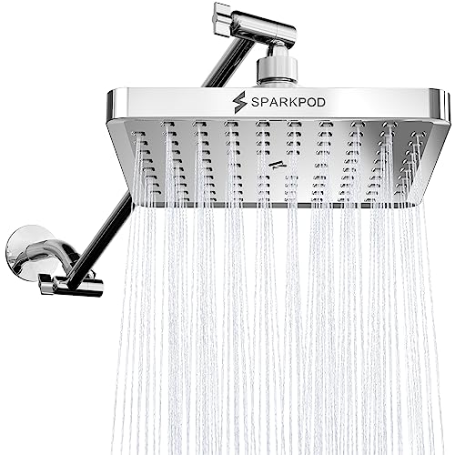 SparkPod Square Rain Shower Head with Extension Arm - Height Adjustable Shower Head with High Pressure Performance - Easy 1-Minute Installation (8" Square, Luxury Polished Chrome)