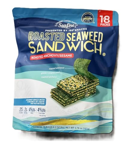 Roasted Seaweed Sandwich with Anchovy & Sesame, 25 Calories per Serving, 2g Protein, High in Fiber & Calcium – Crunchy, Savory, Low-Calorie Snack,18 Snack Packs (3.68 oz)