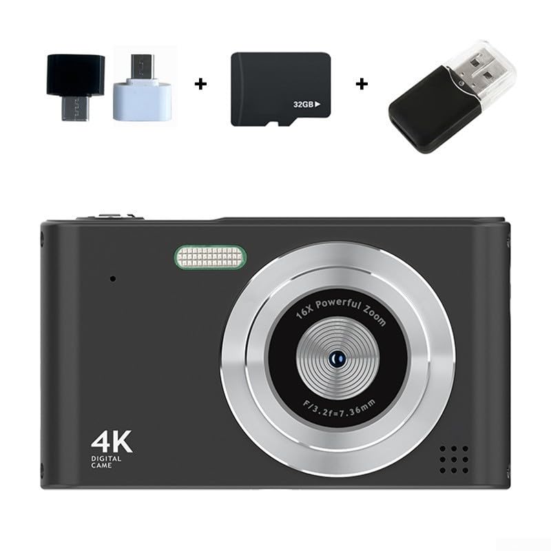 Caméra vidéo 48 MP pour étudiant avec carte 32 Go et look appareil photo CCD rétro noir