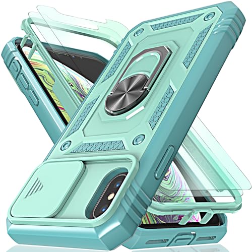HpulaCase for iphone X/XS Case with Camera Cover Slider, 2*Screen Protectors,Build in 360°Rotating Ring Kickstand, Military Grade Protective Case for iphone X/XS-Green