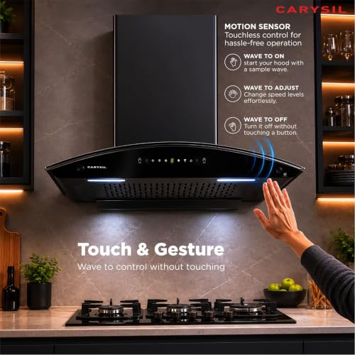 Image of Carysil Curvantis 60 cm Kitchen Chimney, Curved Shape, 1500 m /hr Suction, Auto-Clean Filterless, 3-Speed Touch & Gesture Control, LED Lamp, 10-Year Warranty - Black