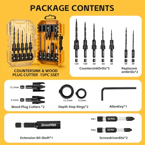 GRENPRO Countersink Drill Bit Set with Plug Cutters