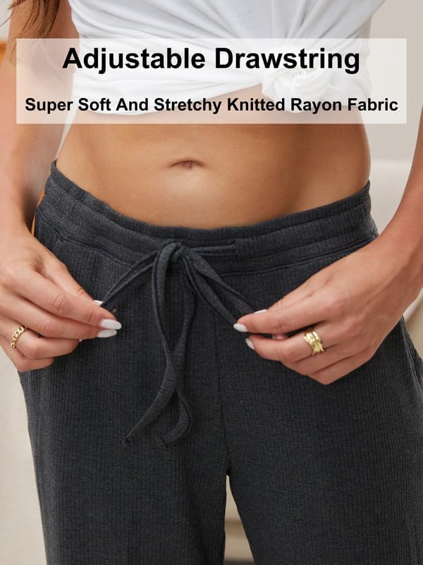 HEARTNICE 2 Pack Women's Pajamas Pants with Pockets Wide Leg Lounge Casual Loose Comfy Stretch Rib Yoga Sweatpants - Image 3