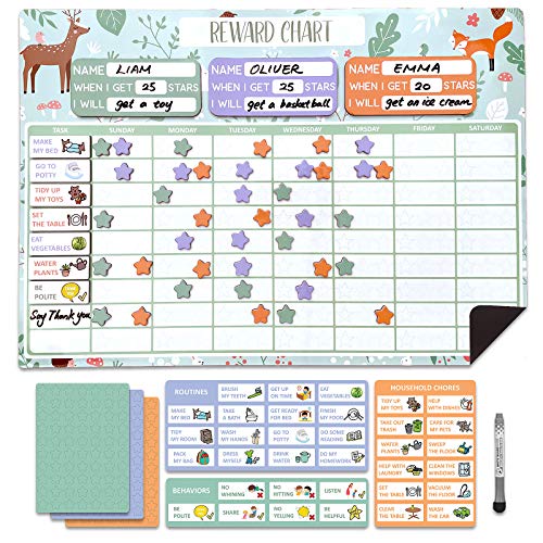 Reward Chart for Multiple Kids 17 x 12 Inch Dry Erasable Chore Chart | Magnetic Responsibility Chart, Chore Chart, Behavior Chart,Star Chart for Toddlers | Large Size with White Board Marker