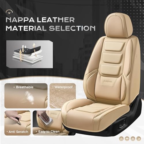 Image of Coverado Car Seat Covers Full Set, Seat Covers for Cars, Front Seat Covers and Back Seat Cover Waterproof Leather Automotive Seat Cover, Universal Car Interior Protectors Cushion for Most Cars Beige