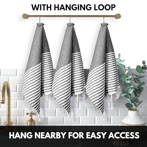 Image of Turkish Kitchen Towels 18x26 Inches with Tassels - 4 Pack - Absorbent, Durable, Soft 100% Cotton Dish Towels for Drying & Cleaning - Machine Washable, Quick Dry - Black