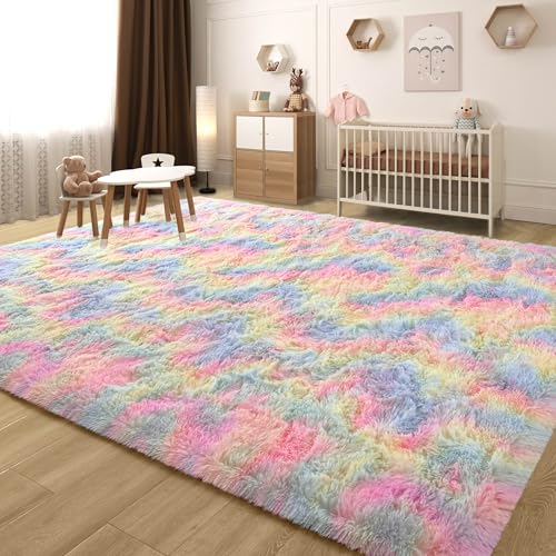 Ultsofe Rainbow Fluffy Rug For Girls Bedroom Soft Carpet cover