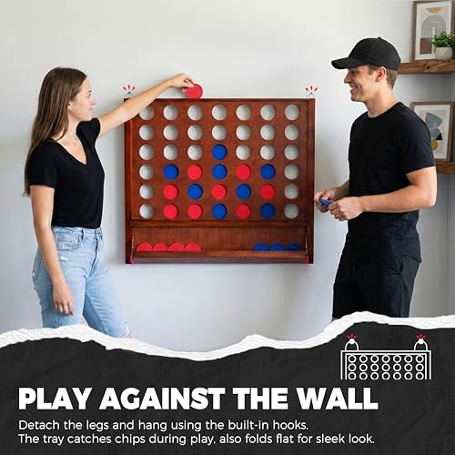 Image of Height Adjustable (2.75-3.75 FT) Giant Wooden 4 in A Row Game | Foldable Tray, 2 Styles of Play: Wall Mounted or Set-up on Ground, Carrying Case, Detachable Legs