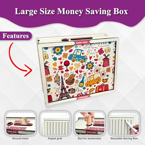Image of Sketchfab Money Saving Box for Adult 100000, Wooden with Savings Tracker Bank Kids, Smart Piggy Bank, Box, Coin Box,Gullak Saver,Piggy Rs100000 Home Deal Gift Man, Women (Printed Cream)