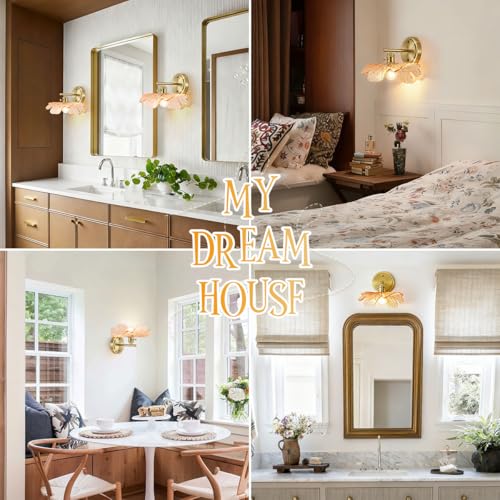 Image of Unique Wall Light Set of 2 with Amber Glass Petals Over Mirror | Vintage Wall Sconce Set of 2 Bathroom Vanity Lights, flower Glass Shade &Gold Brass E26 Base, Easy to install, For Hallway
