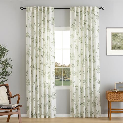 Olive Green Floral Linen Curtains 84 Inch Length for Living Room Dining 2 Panels Semi Sheer Light Filtering Window Curtain Farmhouse Boho Loden Flower Peony Printed Pattern Bedroom Window Drapes