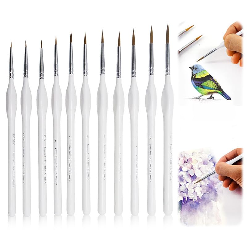 Image of 11 Pcs Miniature Detail Paint Brush Set with Natural Wood Handle,2024 New Miniature Paint Brushes,Mini Small Painting Brushes for Art, Crafts, Acrylic, Watercolor, Oil, Model, Face(White)