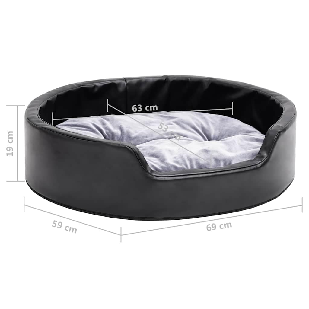 Hundebett Schwarz-Grau 69x59x19 cm Kuschelbett aus Plüsch und Kunstleder mit Rutschfester Unterseite, waschbar, geeignet als Liegeplatz für Hunde und Katzen, ideal für Zuhause und unterwegs