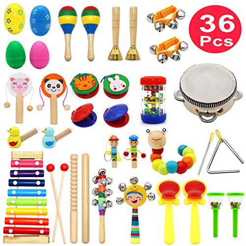 Kids Musical Instruments, PETUOL 36 PCS Valentine's Day Musical Percussion Instrument Set for Toddlers, Xylophone Tambourine for Children Preschool Education, Kids Early Learning Musical Toys Backpack
