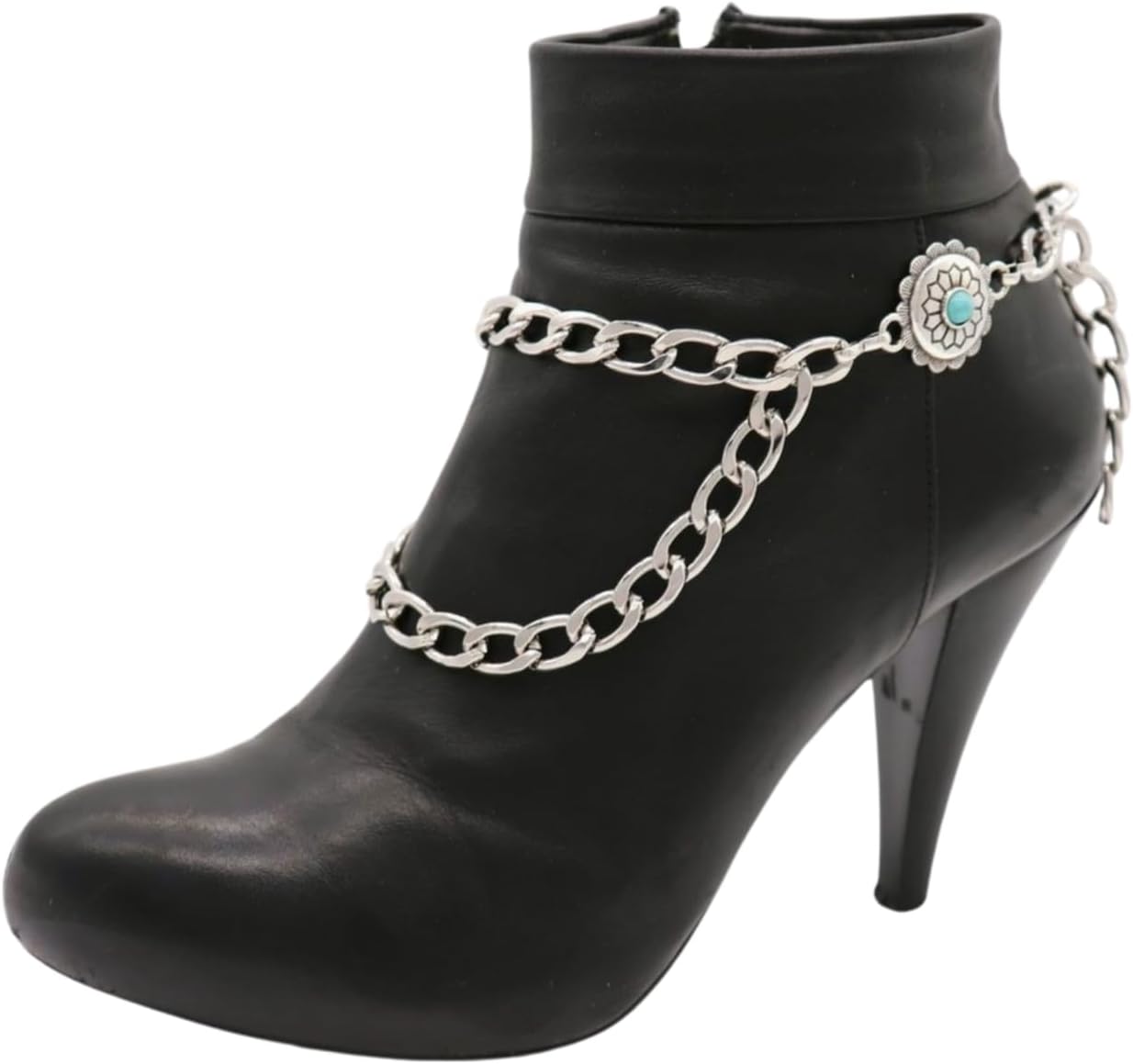 Boho Turquoise Flower Boot Anklet Jewelry for Women – 2PCS Silver Chain Boot Bracelets, Double-Sided Western Concho Flower Charms, Handmade USA (Pair) BC25