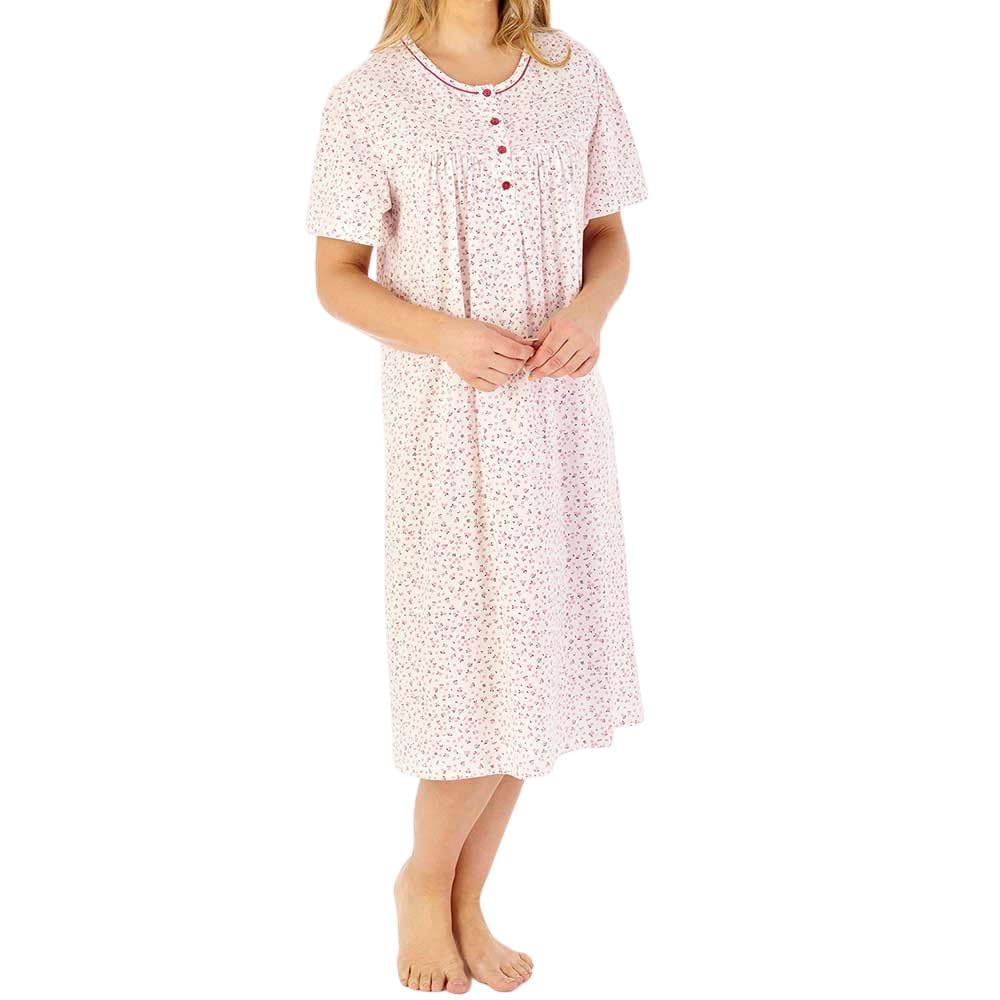 Slenderella Women's Pink Anemone Short Sleeve Buttoned Top 42 Inch Cotton Nightdress (10/12, )