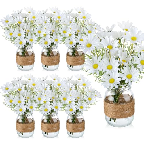 Yuxung 43 Pcs/ 6 Set Daisy Mason Jar Table Centerpiece Mason Jar Vases Faux Floral with Rope Boho Rustic Flower Table Decoration for Reception Engagement Party Bridal Shower Wedding