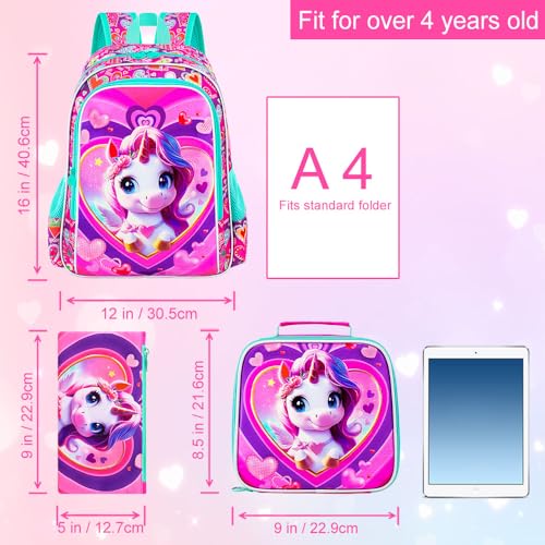 3PCS Girls Backpack, Kids Water Resistant Heart Bookbag Set with Lunch Box, Cute Kids School Bag for Preschool Toddler3