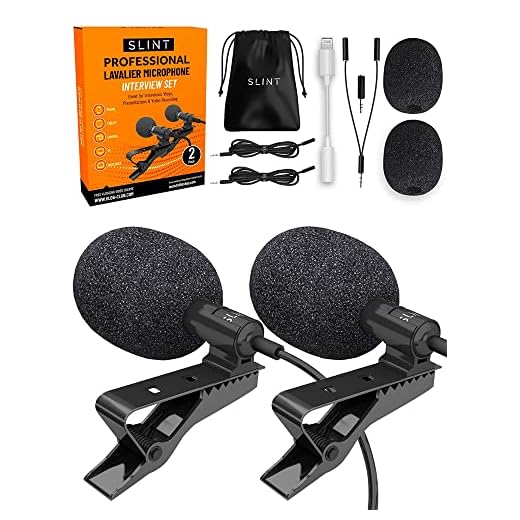 SLINT Lapel Microphone 2 Pack- Clip-On Microphones with Omnidirectional Condenser - Lavalier Lapel Mic Compatible with Android, GoPro, DSLR - Lav Mic for YouTube Recording