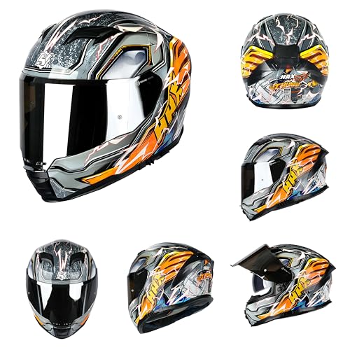 Image of HAX Force Aerodynamic Full Face Motorcycle Helmet for Street Bike DOT & ECE | Thunder Orange M, Glow-in-the-Dark, Dual Visor, Adult Fit, Quick Release Buckle, Pinlock & Bluetooth Compatible