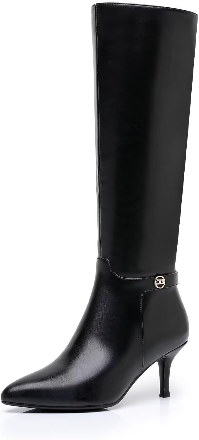 Knee High Boots for Women Black Fashion Pointed Toe Stiletto low-heel Boots Side Zipper Tall Boots