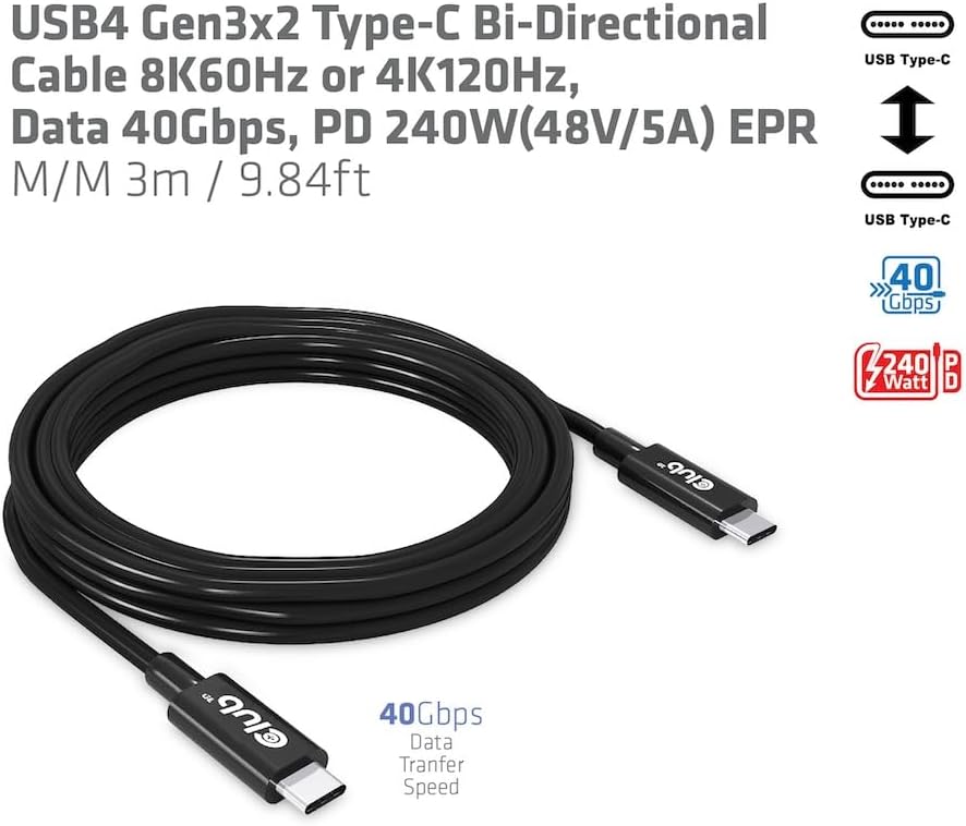 Club 3D Usb4 Gen3X2 Type-C Bi-Directional Cable 8K60Hz, W128826660 (Bi-Directional Cable 8K60Hz Or 4K120Hz, Data 40Gbps, Pd 240W(48V/5A) Epr M/M 3M / 9.84Ft)