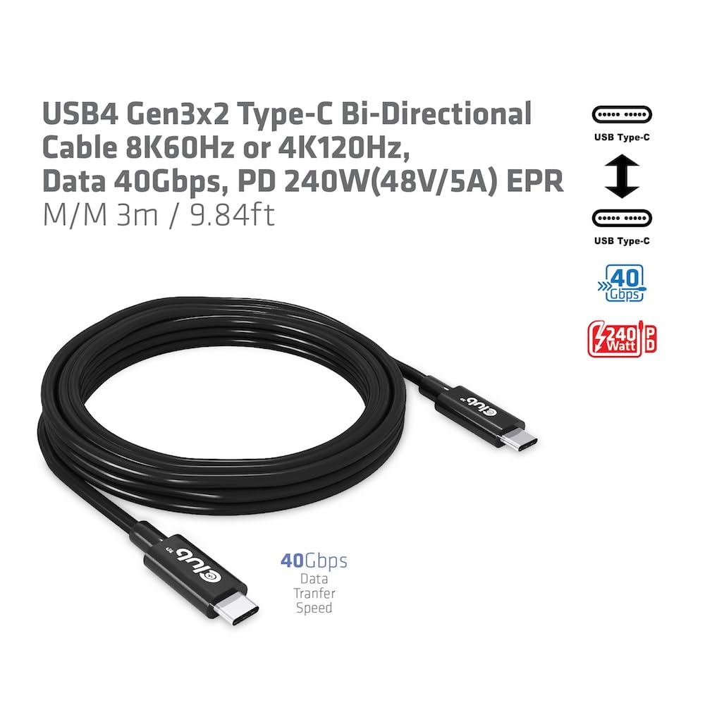 Club3D CAC-1579 USB4 Gen3x2 Tipo-C - Cable bidireccional 8K60Hz o 4K120Hz, Data 40Gbps, PD 240W (48V/5A) EPR St/St 3m