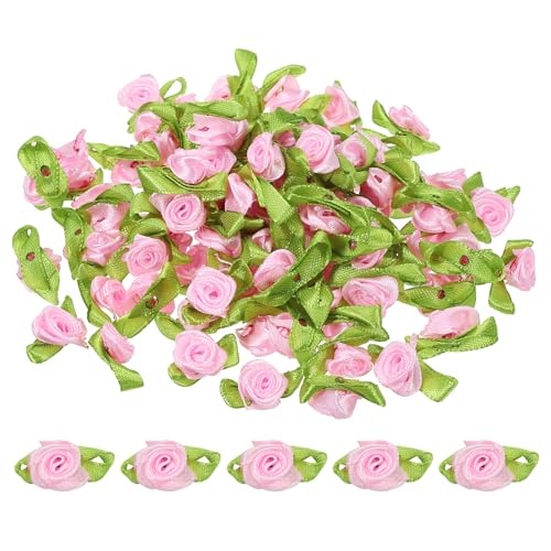 PATIKIL Mini Ribbon Roses, 100 Pcs Tiny Satin Fabric Flowers with Green Leaves Embellishments Rosettes Applique for DIY Crafts Sewing Wedding,Pink