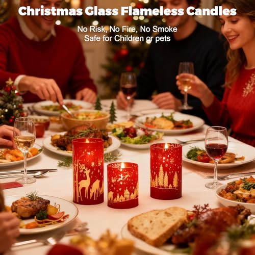 Image of Wondise Red Christmas Reindeer LED Flameless Candles with Remote Timer, Electroplate Glass Battery Operated Real Wax Flickering 3D Wick Pillar Candles for Christmas Holiday Home Decoration
