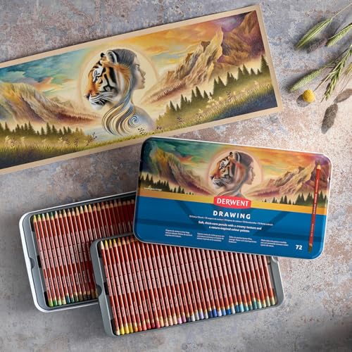 Derwent Drawing Buntstifte, 72er-Set in Blechdose, 5 mm runder Kern, Premium-Kernstärke, cremige Textur, ideal für müheloses Zeichnen und Kolorieren, professionelle Qualität, 2306558