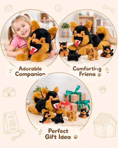 Image of MaoGoLan 5Pcs Giant German Shepherd Dog Plush Toys with 4 Babies, Realistic Soft and Cuddly Stuffed Dog Puppies for Kids, Puppy Lovers