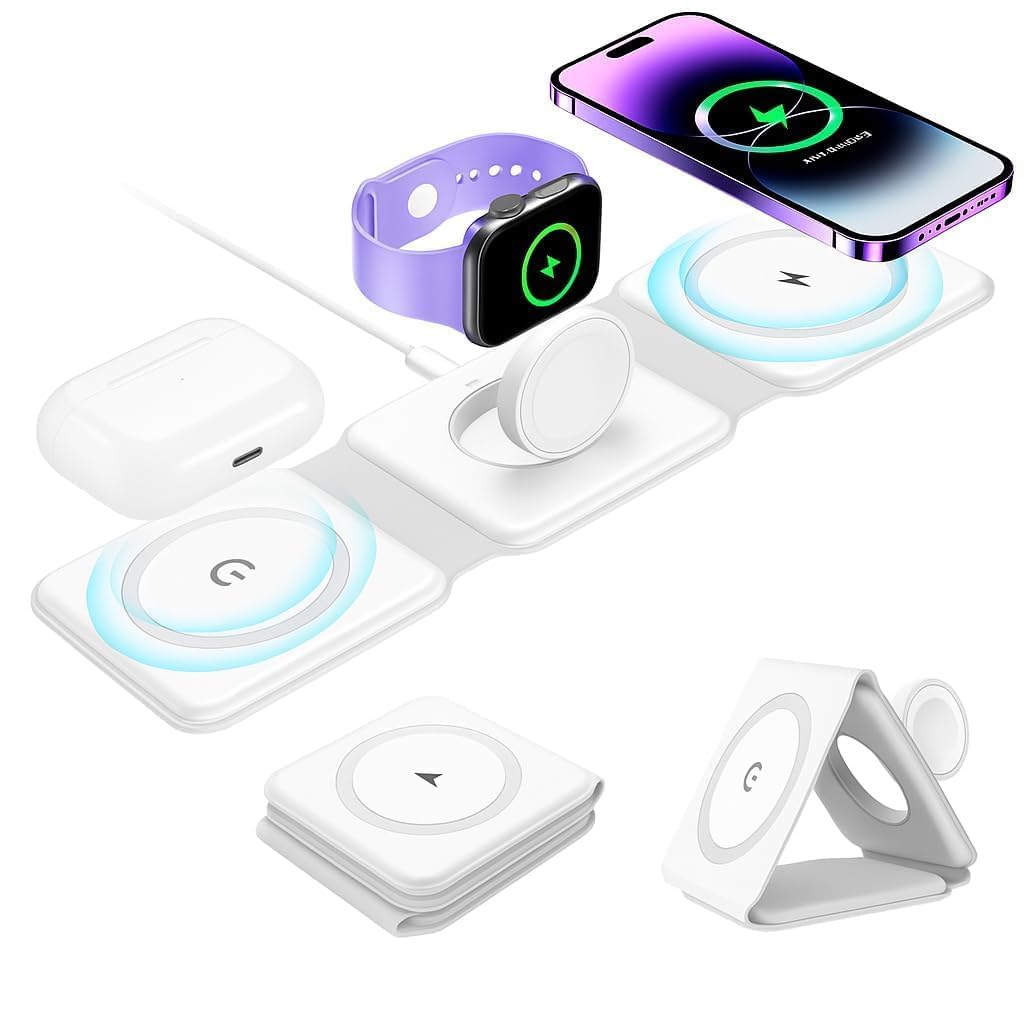 TECNOLOGIA 3-in-1 Wireless Charging Station for iPhone, Apple Watch, AirPods, Foldable Magnetic Charger Stand, White