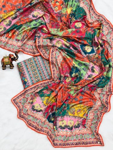 Generic Surreptitious Multicolor Chinon Silk Mirror Aari Work Saree - Image 5