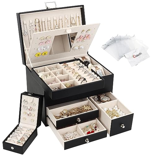 Casiwaft Boîte à Bijoux en Cuir, Coffret à Bijoux 3 Couches Grande Capacité avec Boîte de Voyage Portable, Rangement Bijoux avec Plateau amovible pour Bagues,...