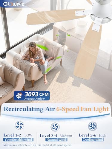 Glowivia 52 Inch Ceiling Fans with Lights and Remote Control,Modern Flush Mount Ceiling Fan with 3CCT Dimmable,Low Profile Ceiling Fans with 6-Speeds Reversible DC Motor for Bedroom Living Room(White) — view 5