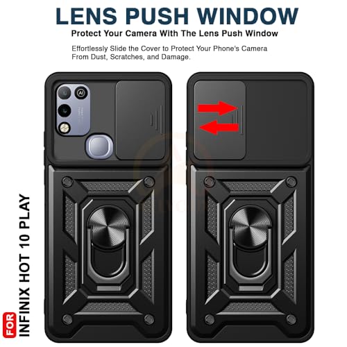 Image of Armor Bumper Back Cover Case for Infinix Hot 10 Play Rotating Camera Cover, Ring Holder & Kickstand | Heavy Duty & 360 Degree Protection Infinix Hot 10 Play Back Cover (Black)