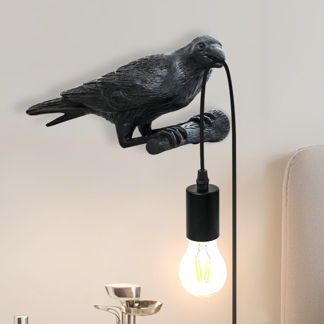 Modern Wall Sconces Cute Crow Lamp,Wall Lamps for Living Room Gothic Bird Lamp,Creative Resin Wall Lights for Bedroom Animal Lamps,Home Office Raven Decor,Crow Gifts,E12 Base,Button Control(Left)
