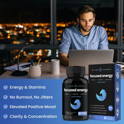 Caffeine Pills With L-Theanine For Focused Energy | Smooth & Clean Energy Supplement For Focus & Performance | No Crash, No Jitters | Nootropic Brain Booster With Yerba Mate | 60 Vegan Energy Pills #TOP2