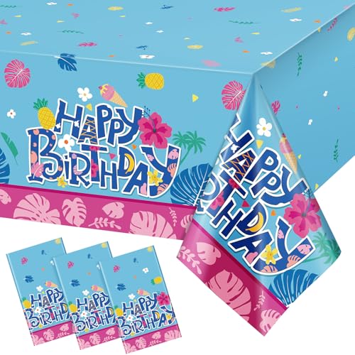 Image of Oudain 3 Pcs Cartoon Birthday Party Disposable Tablecloth Decoration Hawaiian Hibiscus Tropical Leaves Pattern Table Cloths 108'' x 54'' Luau Plastic Waterproof Rectangular Covers for Party (Blue)