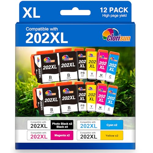 Clorisun 202XL Ink Cartridges Replacement for Epson 202 202 XL Ink cartridges Multipack for XP-6000 XP-6005 XP-6100 XP-6105 Printer(12-Pack)
