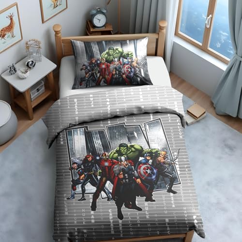 Image of Sassoon Marvel Avengers (Grey) Digital Printed, Cotton Single Bedsheet, 300 TC, 1 Pillow Cover, Fade Resistant, Bedsheet for Kid's Bedroom, (1.50m X 2.35m)