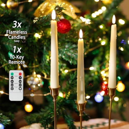 Image of Flameless Taper Candles with Rmote, 9.6 inch Dripless Battery Operated Candles, 3 Pack Real Wax Led Flickering Candlesticks with 3D Flame, Fake Candle for Home, Wedding, Party, Ivory