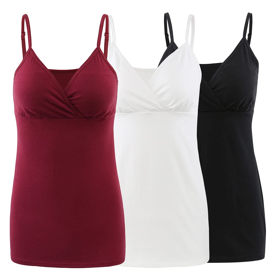 COLOMI Karmienie tank topy dla matki z wbudowanym biustonoszem do karmienia piersią Basic Camisole, Black + biały + czerwony wino/3 szt, M
