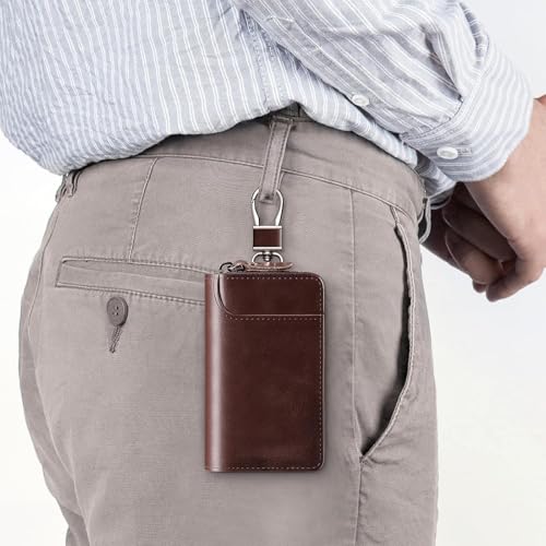 Image of Leather keychain Holder Pouch, Leathers key cover, Leather Key Case Wallet with 6 Hooks & 1 Keychain /Ring, Soft Strong and Compact Organiser For Men or Women (Size 12 x 7 cm)