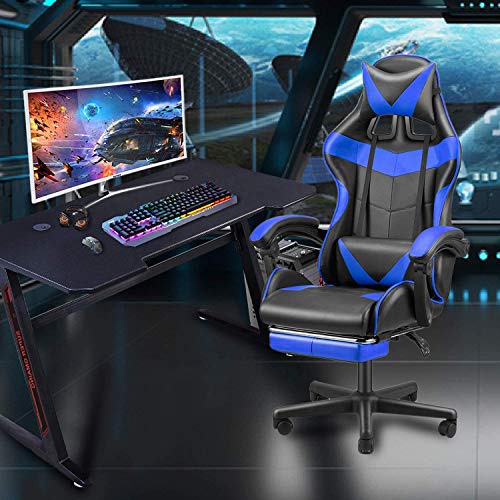 Jackgold Gaming Footrest Office Adjustable Swivel Leather High Back Computer Desk Chair with Headrest and Lumbar Support, Blue-Black