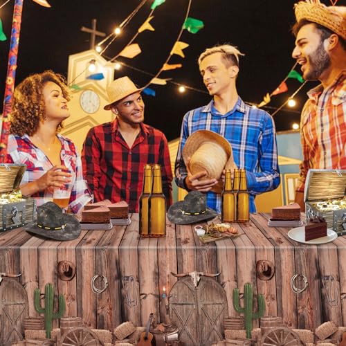 Image of 3 Pack Western Party Tablecloths, 54 x 108 Inch Disposable Plastic Western Cowboy Table Cover for Rustic Farmhouse, West Wooden House, Western Theme Birthday Decorations Outdoor Indoor Party Supplies